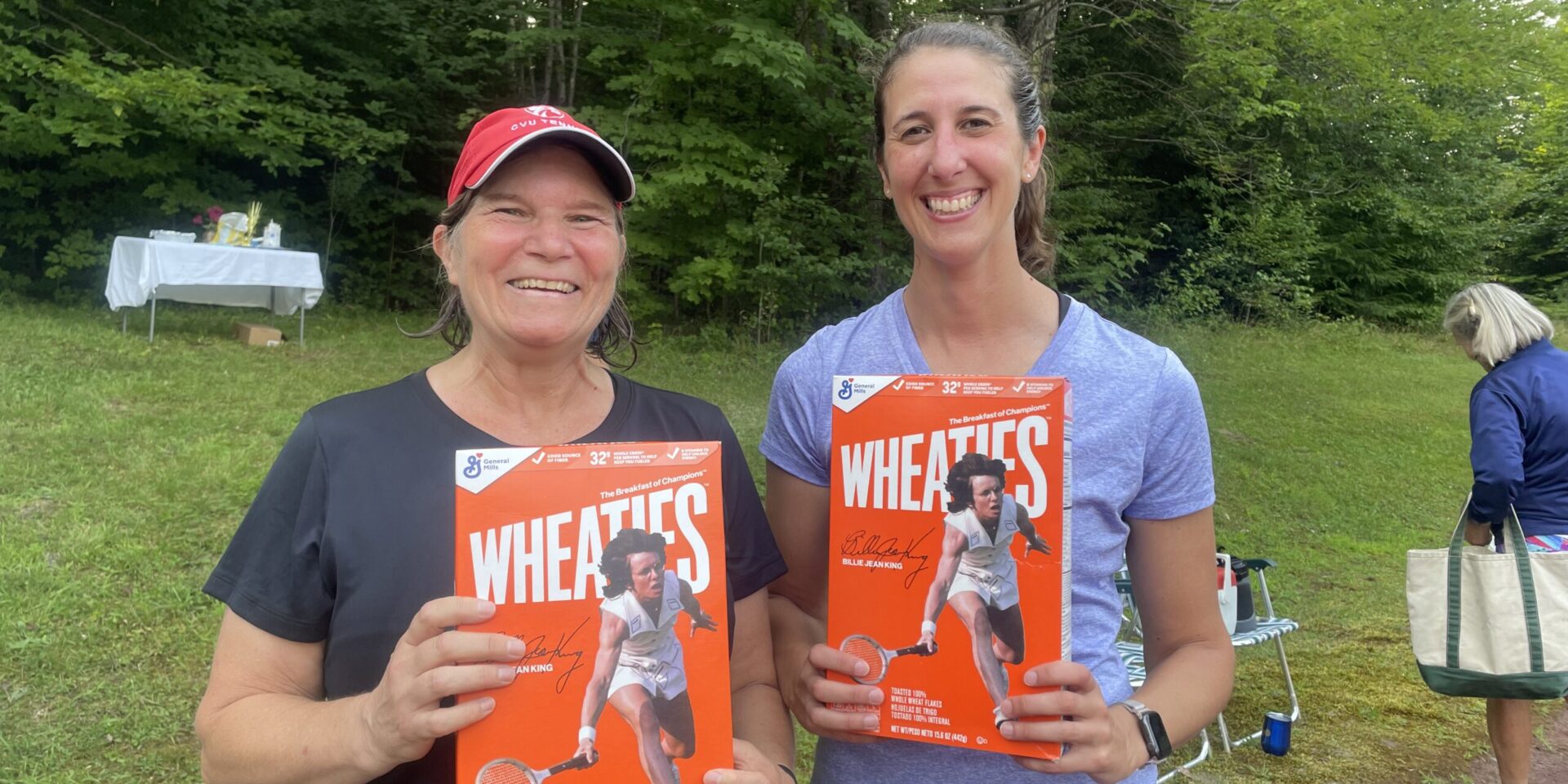 The winners of the ladies exhibition 2024. Note the limited edition Wheaties box with Billie Jean King.